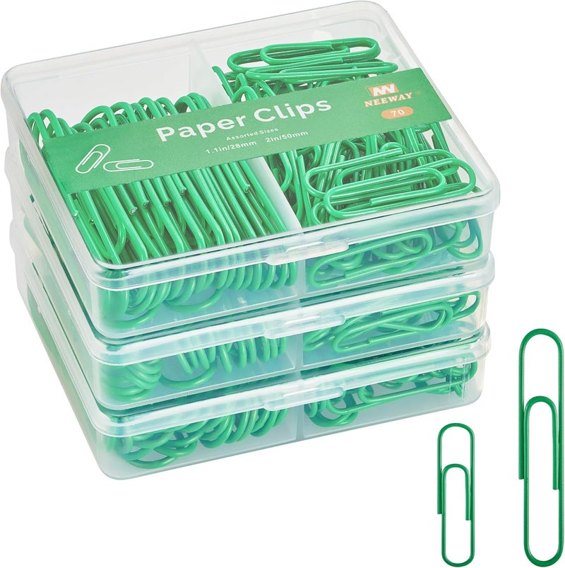 NEEWAY Colorful Paper Clips Assorted Sizes, Small and Large Paperclips, 210 Count, 3 Pack of 70 (Green) - Image 1